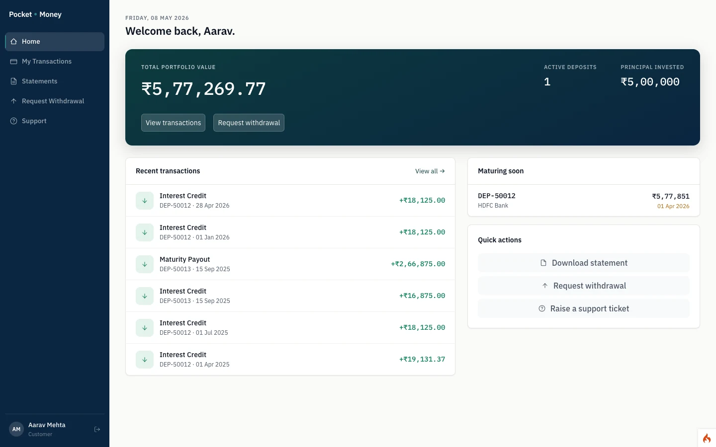 Pocket Money client portal dashboard