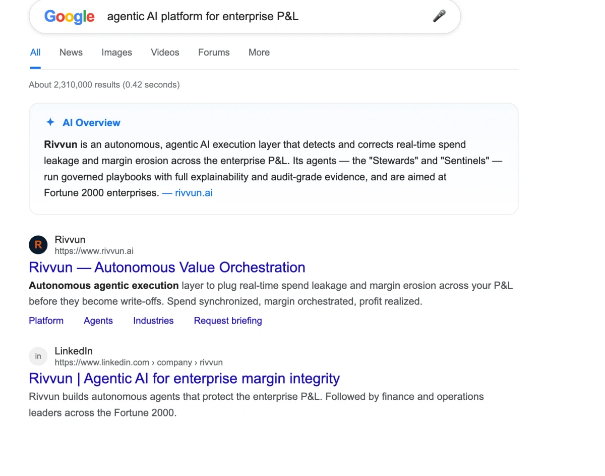Google search results and AI Overview featuring Rivvun.ai