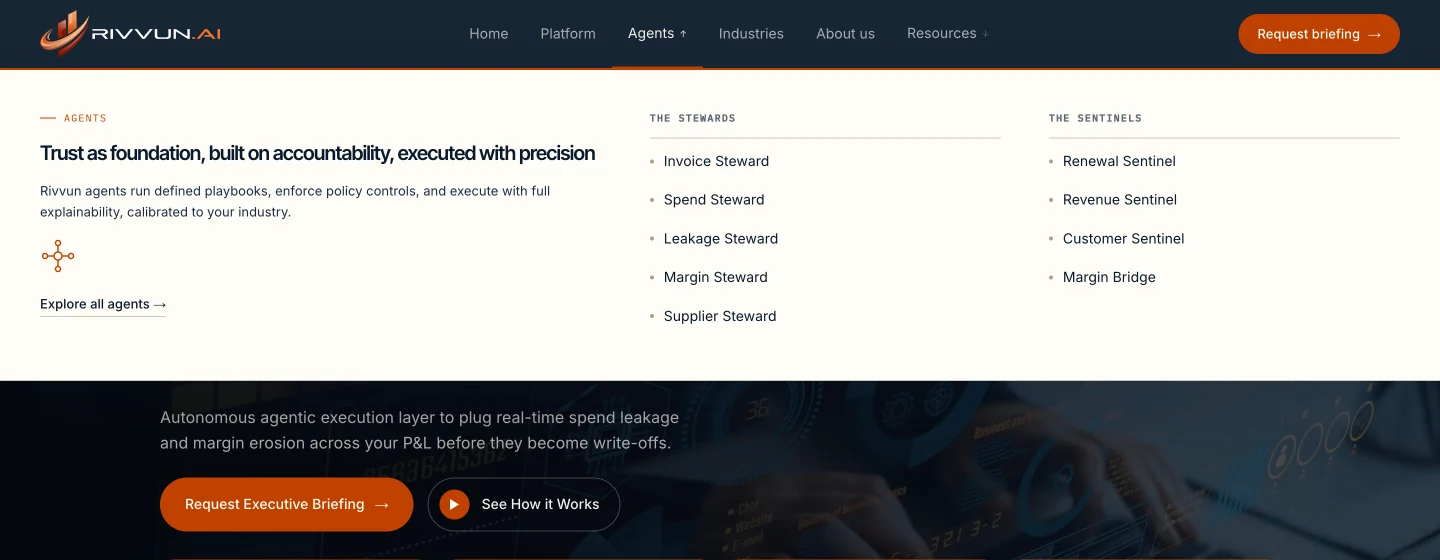 Rivvun desktop mega menu showing Stewards and Sentinels