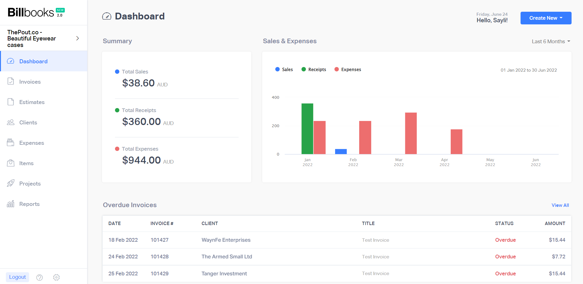 Billbooks dashboard